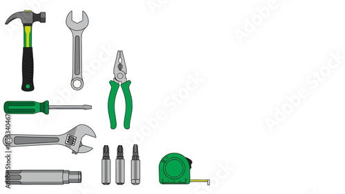 Essential hand tools set for diy projects with green accents on white background