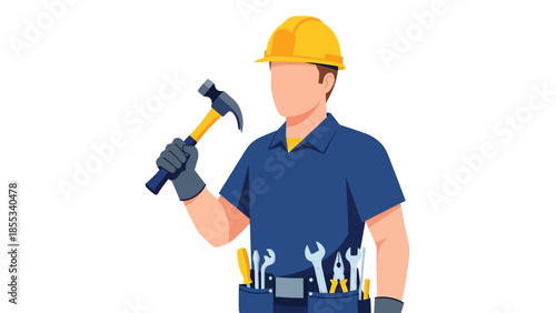 Construction worker with tools in pockets and hammer in hand on white background