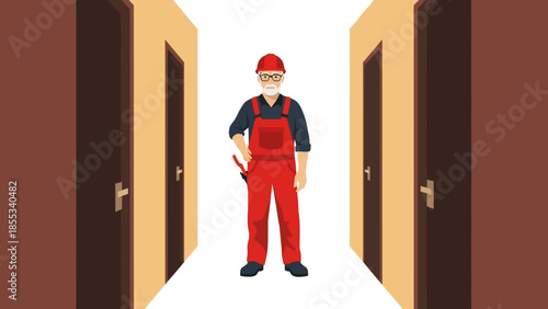 Handyman in red overalls holding wrench standing between open doors