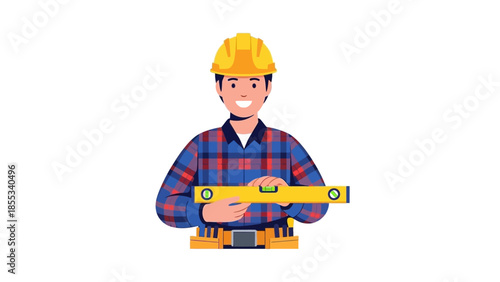 Smiling construction worker holding level in plaid shirt and hard hat