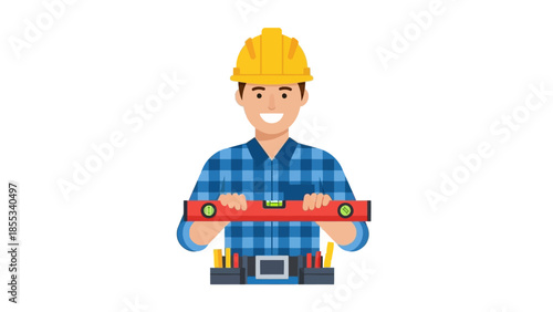 Smiling construction worker with level and tool belt in flat design