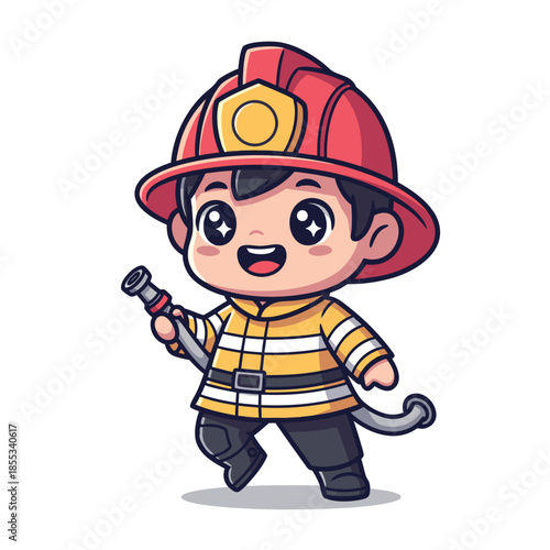Cute Firefighter Kid Holding Water Hose Cartoon.
