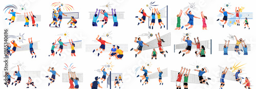 Set of detailed flat vector illustrations showing dynamic volleyball players in action, spiking, blocking, and receiving the ball during competition.