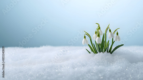Early spring green plant emerging through melting snow symbolizing renewal, resilience, climate change, seasonal transition and natural growth against blue sky
