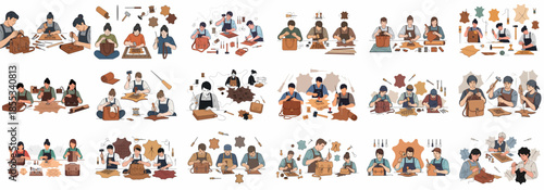 Leather Crafting and Artisan Workshop Set: Detailed illustrations of diverse artisans sewing, stamping, and tooling leather goods like bags and wallets, depicting traditional hand-making processes.