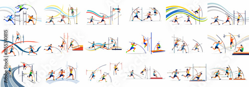 Dynamic Flat Design Collection of Pole Vault Athletes Running, Jumping, and Competing in Track and Field Athletics Event Illustrations.