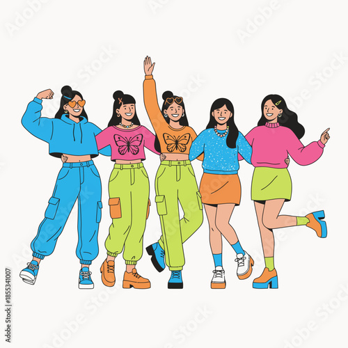 Diverse group of young women standing together in colorful outfits.