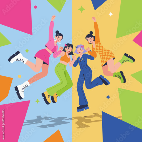 Four joyful young women jumping in the air with excitement and happiness.