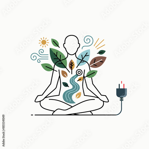 Human figure meditating with nature elements and energy plug.