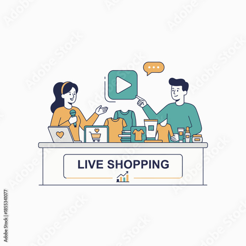 Live Shopping Broadcast with Male and Female Presenters Showcasing Products.