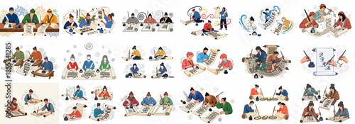 Collection of illustrations showing ancient and traditional scribes and scholars practicing calligraphy and penmanship with brushes, ink, and scrolls.
