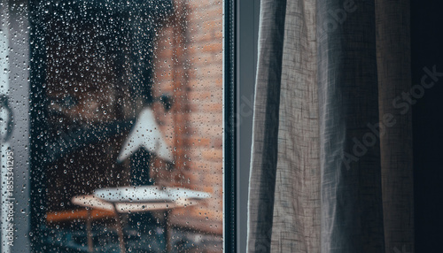 Rainy Window with Soft Curtain