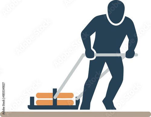 Flat icon illustration of a person pushing a weighted workout sled.