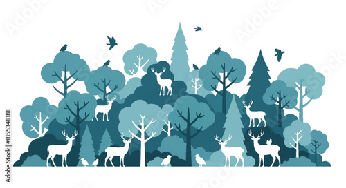 Vintage forest landscape 2D flat vector illustration featuring a tranquil scene with deer and flying birds nestled among stylized blue and green evergreen trees, isolated on a white background.