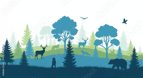 A beautiful vintage woodland landscape is presented in a flat 2D vector illustration style, showing layered blue and green tree silhouettes and several wild animals on a clean white background.