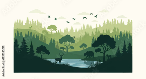 Flat 2D vintage forest landscape vector illustration featuring layered geometric trees and subtle wildlife silhouettes, cleanly isolated on a crisp white background.