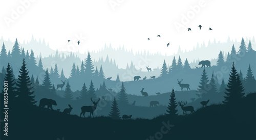 A charming vintage 2D flat vector illustration depicting a tranquil nature landscape scene with layered forest trees and subtle wildlife silhouettes rendered in calming blue and green tones.
