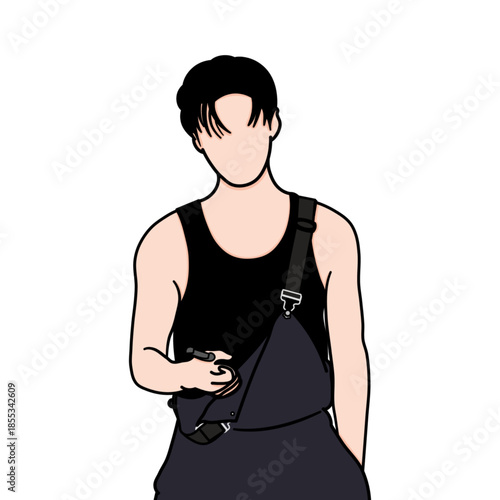 Vector illustration of a handsome mechanic holding a workshop key. The painting is inspired by a scene from a famous Chinese drama.