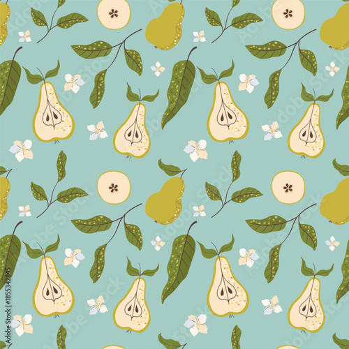 Seamless decorative pattern with pears, leaves, and blossoms on a soft pastel background. Hand drawn colorful illustration of simple trendy style. Ideal for food packaging, textiles, wallpaper