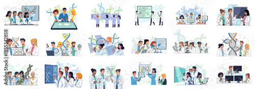 Collection of vector illustrations featuring diverse scientists conducting genetic research, DNA sequencing, molecular biology experiments, and analyzing data in modern lab settings.
