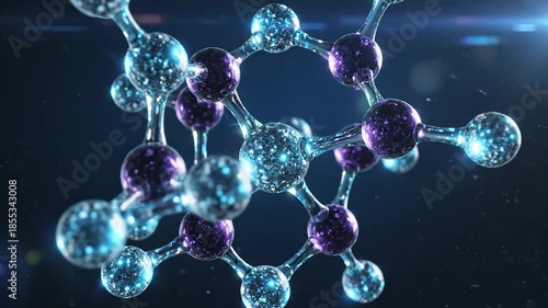 Dynamic 3D rendering of a complex molecular structure with glowing translucent atoms and interconnected bonds illustrating advanced scientific research biotechnology and futuristic medical concepts i.