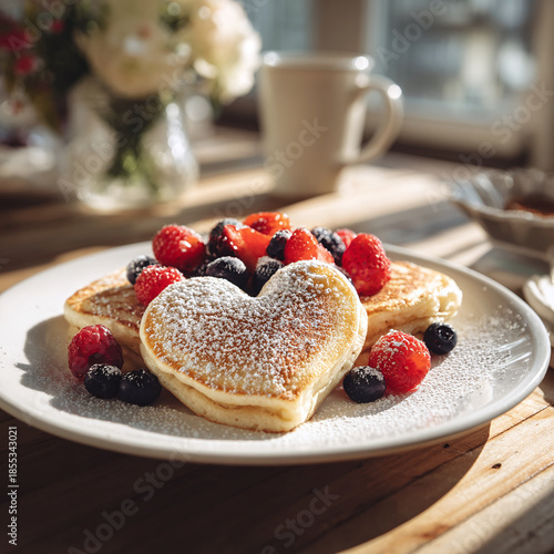 heart shaped pancakes with berries, generative ai