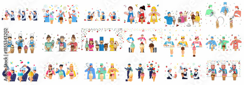 Collection of vector illustrations featuring ice cream shop staff preparing and serving colorful frozen desserts, scooping cones, and adding delicious toppings and sprinkles.