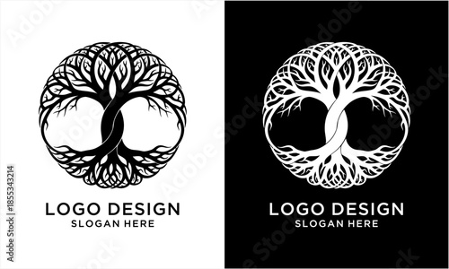 Circular Tree of Life Logo Design with Intricate Roots and Branches.
