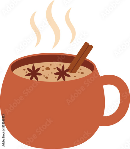 A warm brown mug of steaming chai tea with cinnamon and star anise.