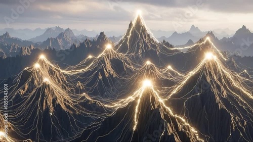 Abstract Digital Networked Mountain Peaks Illuminated by Glowing Energy Lines