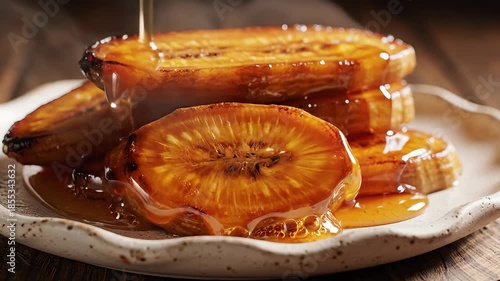 Golden caramelized banana slices or sweet plantains generously drizzled with rich amber syrup creating a delicious and inviting dessert or breakfast dish on a rustic ceramic plate highlighting a temp.