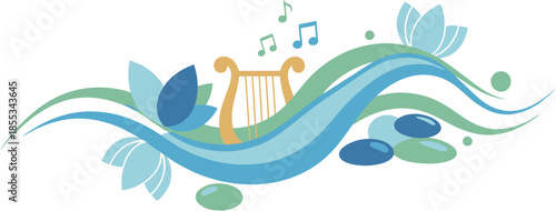 Serene composition of a golden harp with musical notes flowing on tranquil water waves.