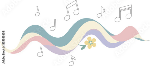 Abstract musical illustration with a flowing pastel ribbon and flower.