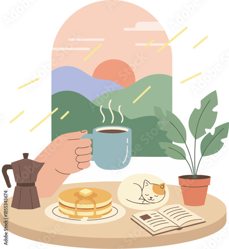 Cozy morning breakfast scene with coffee pancakes and a sleeping cat.