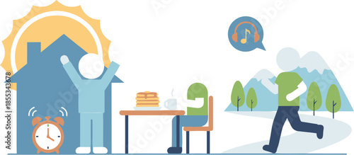 Illustration of a healthy daily morning routine concept.