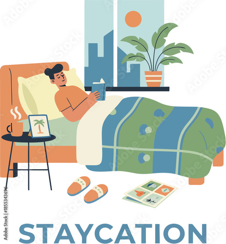 Young man enjoying a relaxing morning coffee in bed during a staycation.