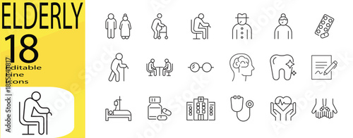 Elderly icon set. Editable stroke.