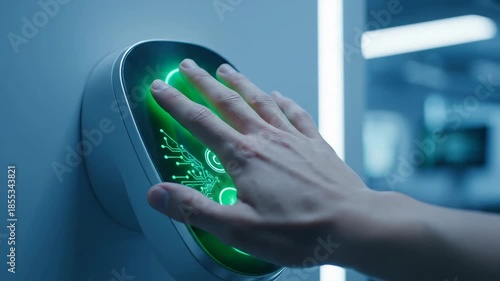 A close-up shot of a human hand authenticating access using a glowing green futuristic biometric scanner in a cool blue-lit modern secure facility.