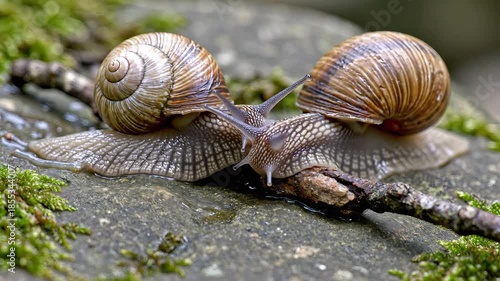 Two common garden snails with their distinctive spiral shells and extended tentacles slowly and deliberately approach each other on a damp mosscovered rock showcasing a moment of natural interaction .