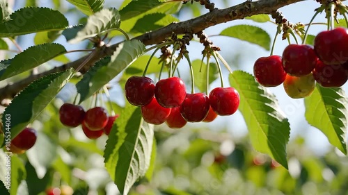 Vibrant clusters of ripe red cherries hang abundantly from a lush green branch of a cherry tree bathed in bright summer sunlight showcasing the natural beauty and freshness of organic fruit ready for.