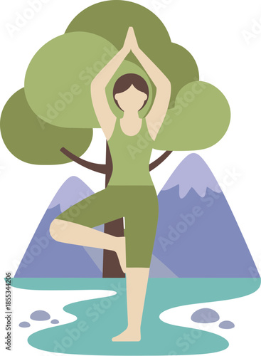 Illustration of a woman in a green outfit practicing the yoga tree pose.