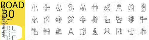 Road icon set. Editable stroke.