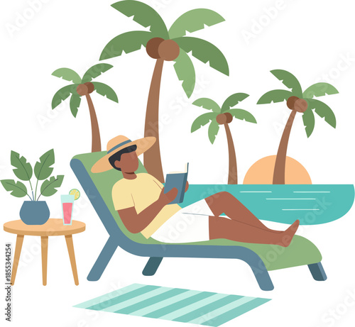 Man in a sun hat relaxing on a lounge chair reading a book.