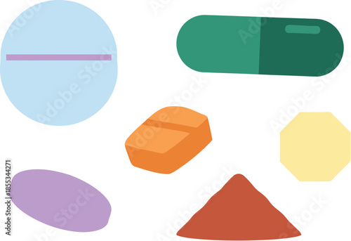Assortment of colorful medication pills and capsules illustration.