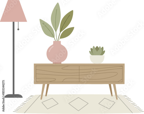 Modern interior design elements with wooden console table and plants.