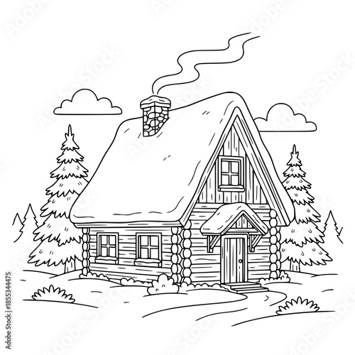Cozy wooden log cabin in forest illustration