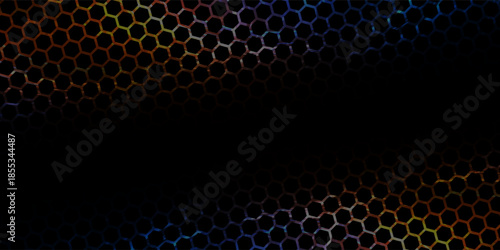 Dark blue technology hexagonal vector background. Abstract blue bright energy flashes under hexagon in navy blue technology, modern, futuristic vector illustration. Blue honeycomb texture grid.