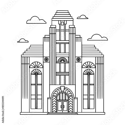 Art deco urban building facade line illustration