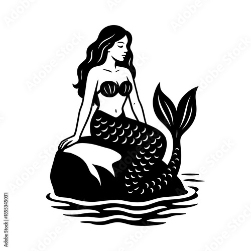 Mermaid Black Silhouette Illustration Sitting on Rock Representing Fantasy, Ocean Myth, Fairy Tale Art and Mystical Sea Design