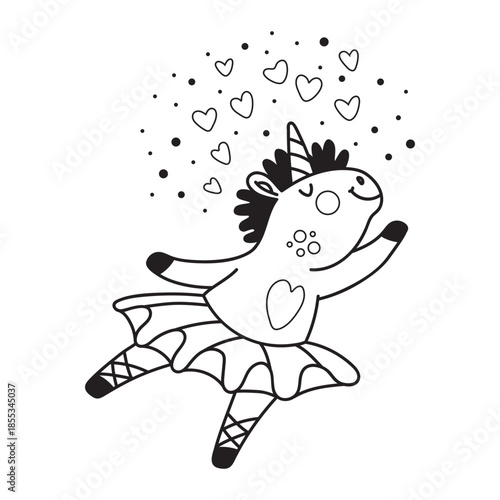 Unicorn ballerina dancing in a tutu coloring vector illustration